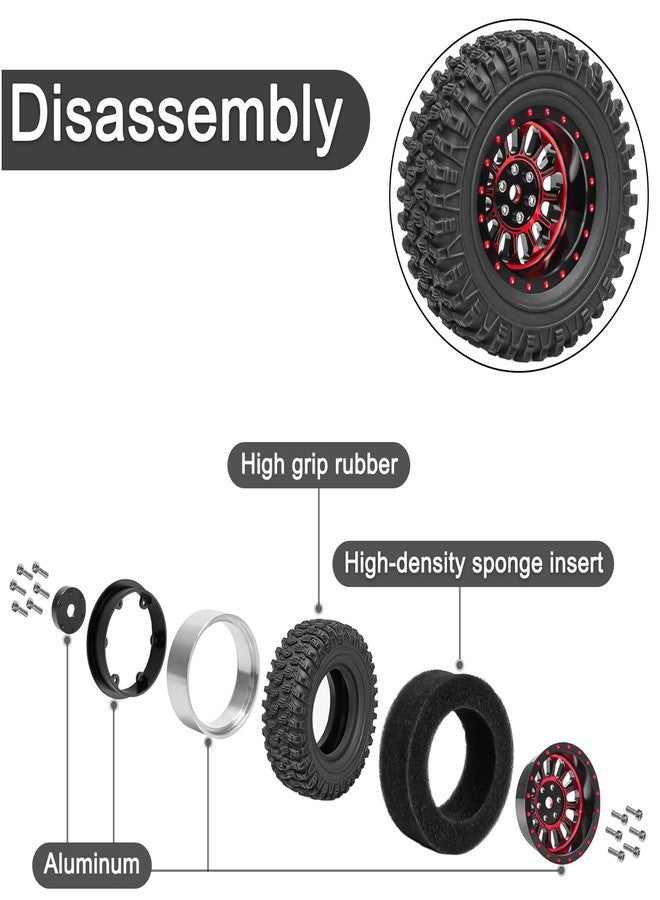 XSYGO 4PCS 1.3" Beadlock Wheel Tires Set 1.3inch Aluminum Wheels and Tires for 1/18 TRX4M 1/24 SCX24 FCX24 RC Crawler Car (Tires A + red Wheel hub) - Image 2